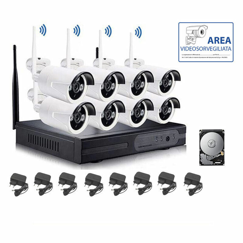 Kit videosorveglianza wireless full hd IP 8 telecamere nvr lan remoto AHD