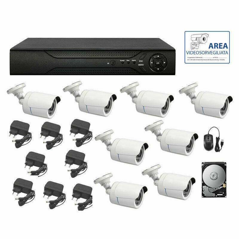 Kit videosorveglianza AHD 1.3 IP 8 canali telecamera infrarossi + dvr + alimentatore HD 500 GB