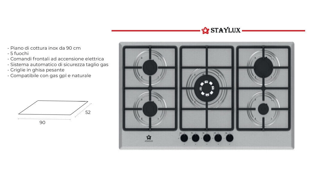 Staylux piano cottura 90 CM acciaio gas metano gpl inox 5 fuochi in ghisa