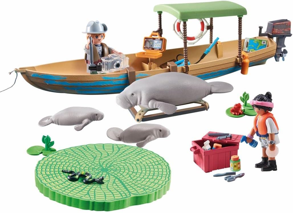 PLAYMOBIL Wiltopia 71010 Gita in Barca e Lamantini della Foresta amazzonica, con Animali Giocattolo, Giocattolo Sostenibile per Bambini dai 4 Anni in su