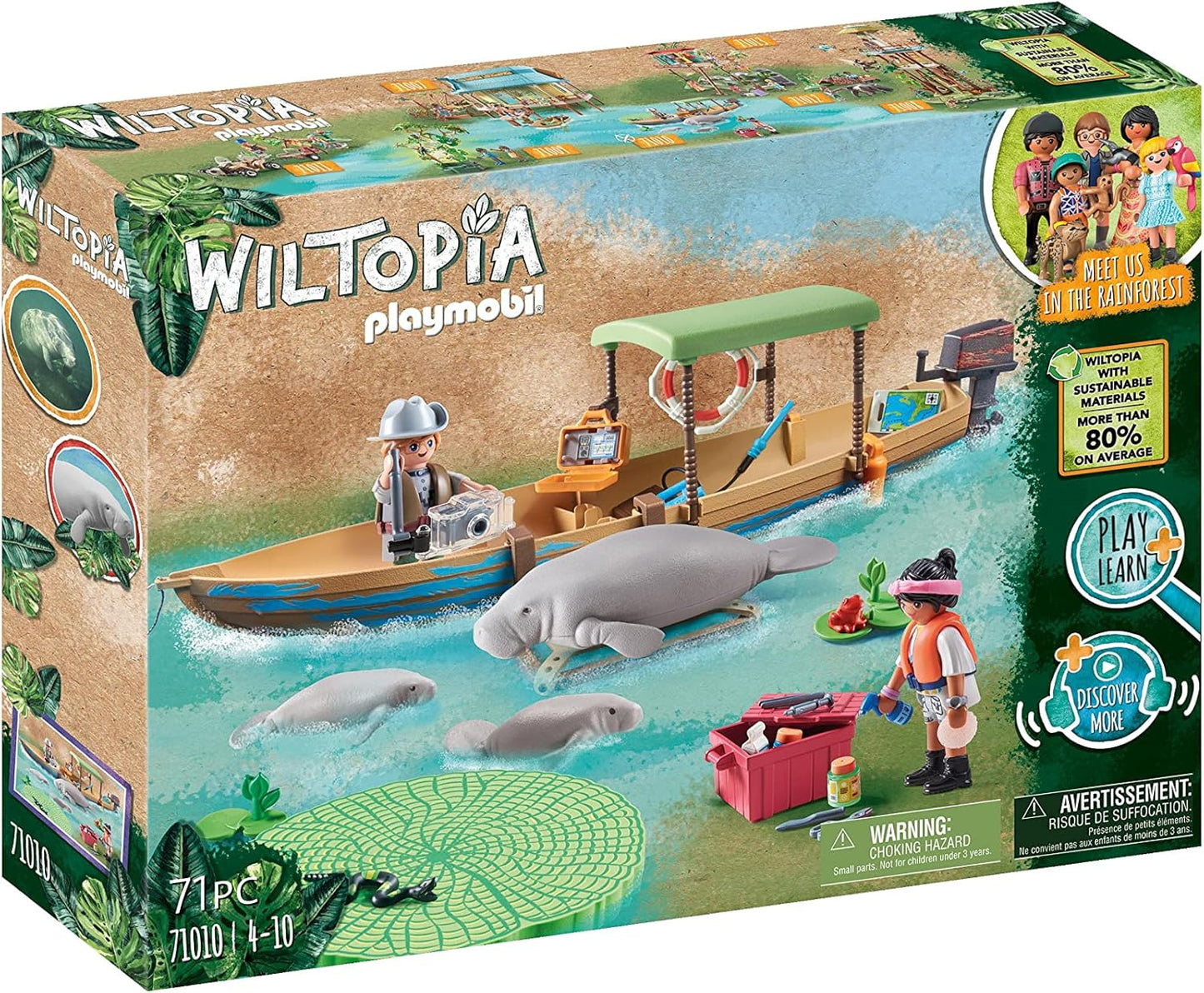 PLAYMOBIL Wiltopia 71010 Gita in Barca e Lamantini della Foresta amazzonica, con Animali Giocattolo, Giocattolo Sostenibile per Bambini dai 4 Anni in su