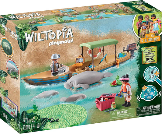 PLAYMOBIL Wiltopia 71010 Gita in Barca e Lamantini della Foresta amazzonica, con Animali Giocattolo, Giocattolo Sostenibile per Bambini dai 4 Anni in su