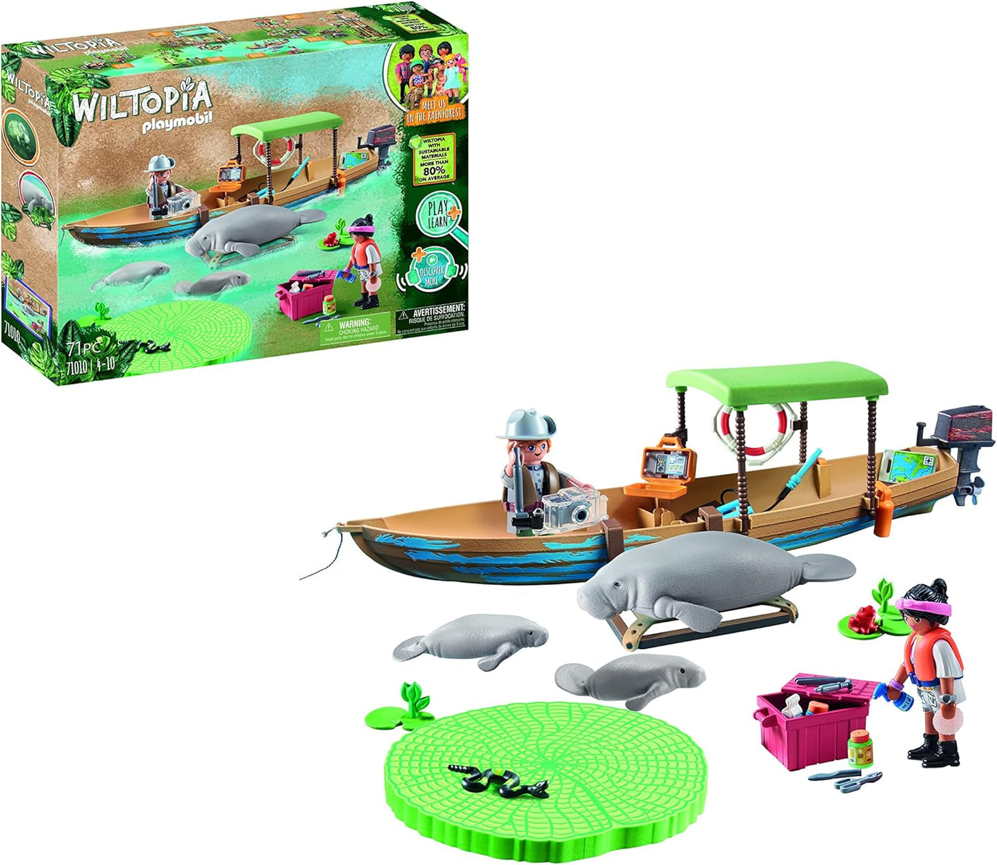 PLAYMOBIL Wiltopia 71010 Gita in Barca e Lamantini della Foresta amazzonica, con Animali Giocattolo, Giocattolo Sostenibile per Bambini dai 4 Anni in su