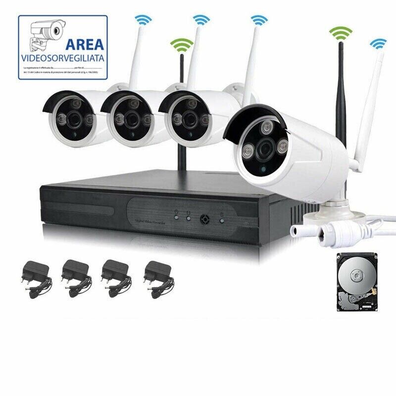 Kit Videosorveglianza wireless dvr nvr 4 canali 4 telecamere wifi 2 mpx